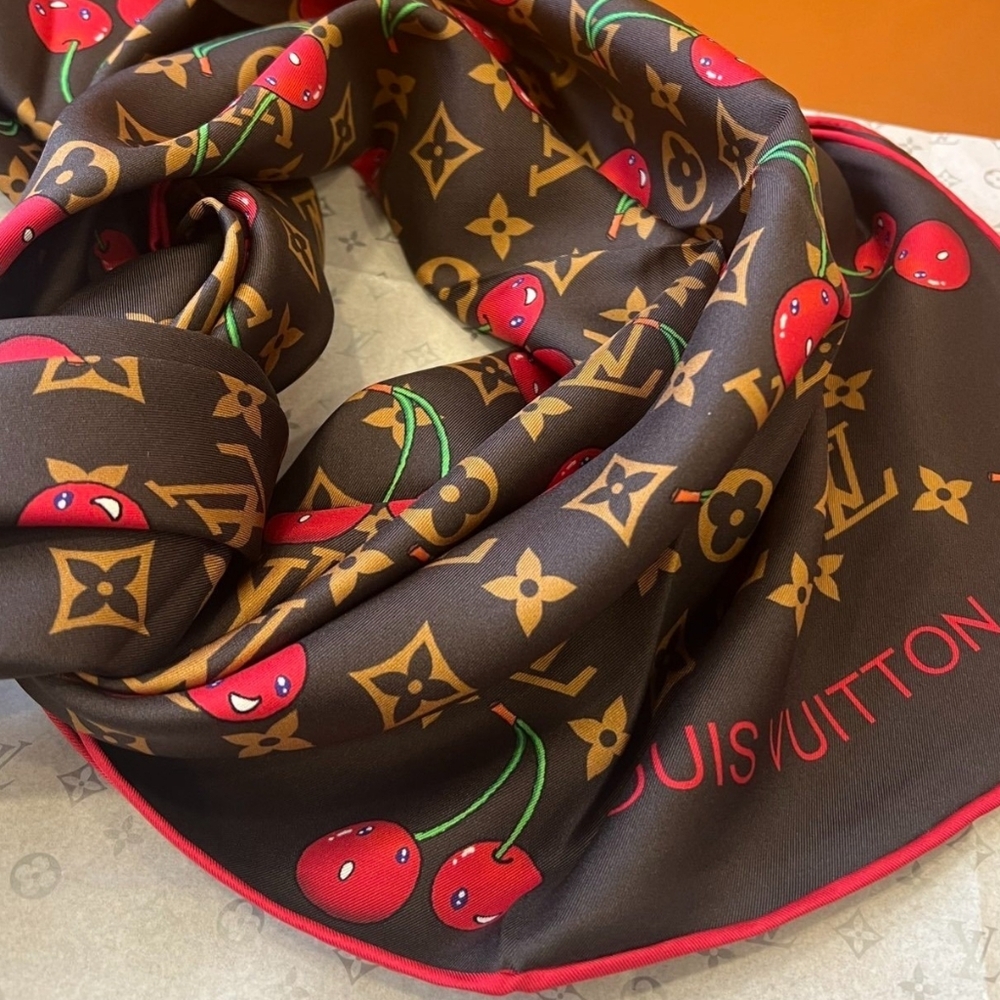 Cherry Print Scarf in Brown and Red - Picture 4 of 10